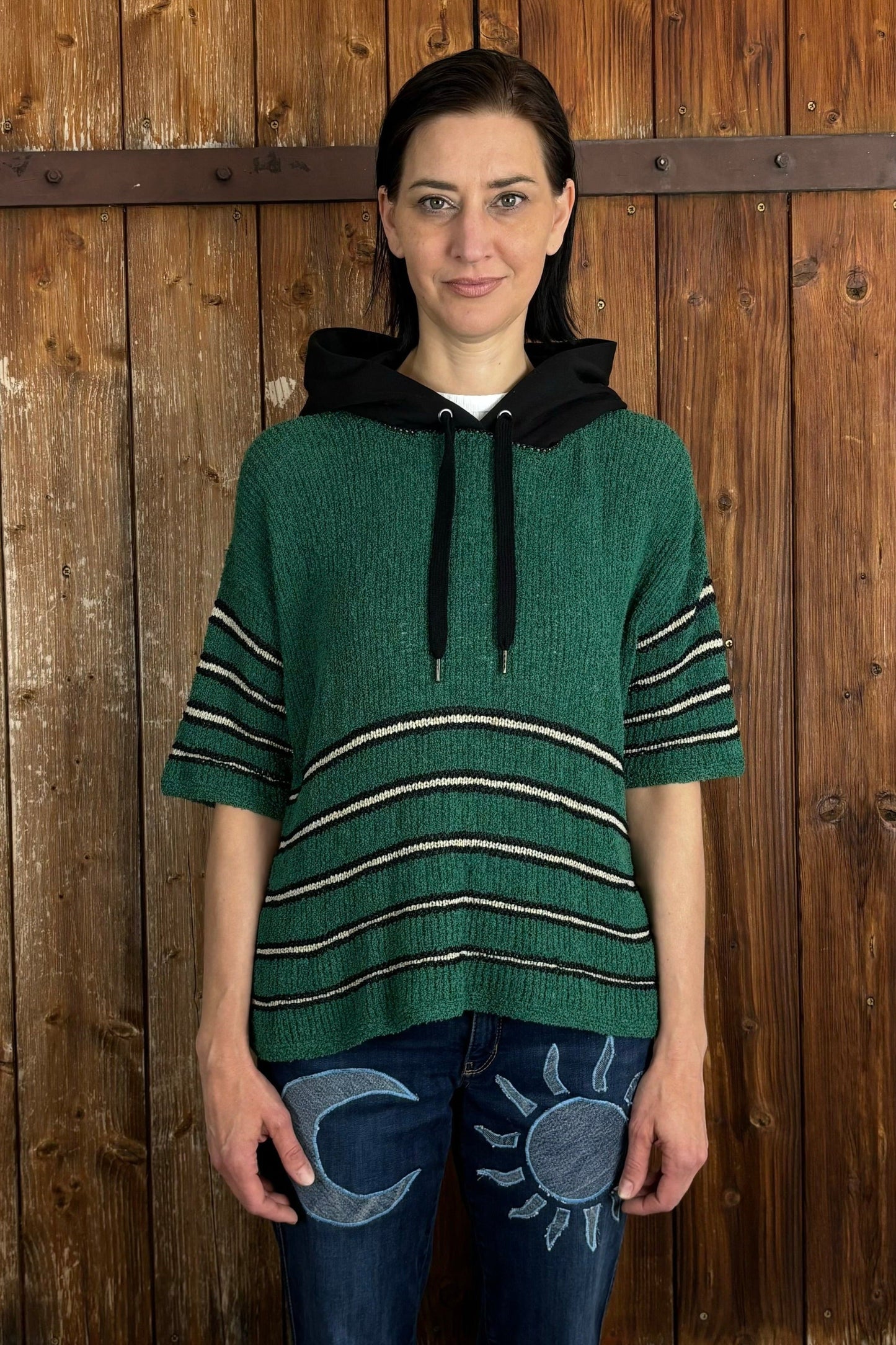 Upcycling Vintage Short Sleeve Knit Hoodie Green L