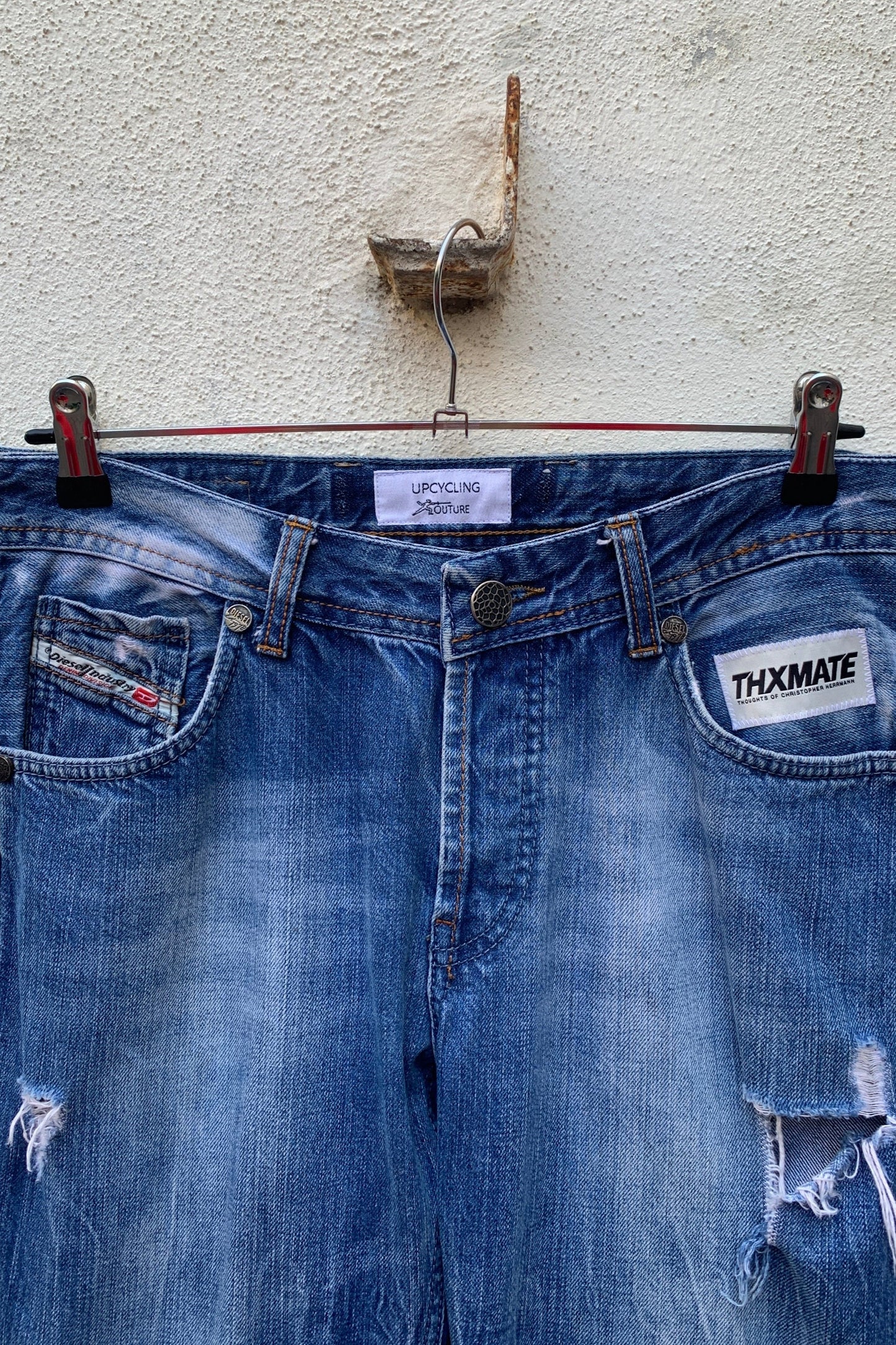 Upcycling Time Runs Biker Jeans Blau W31 L32