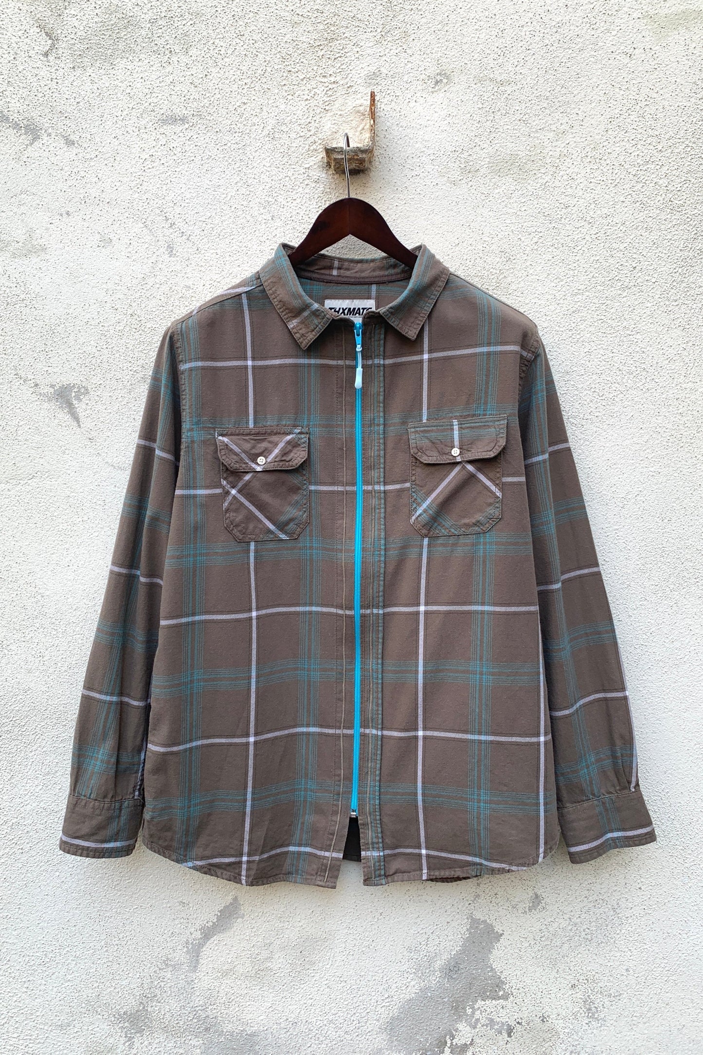 Upcycling Flanell Zip-Hemd Braun M