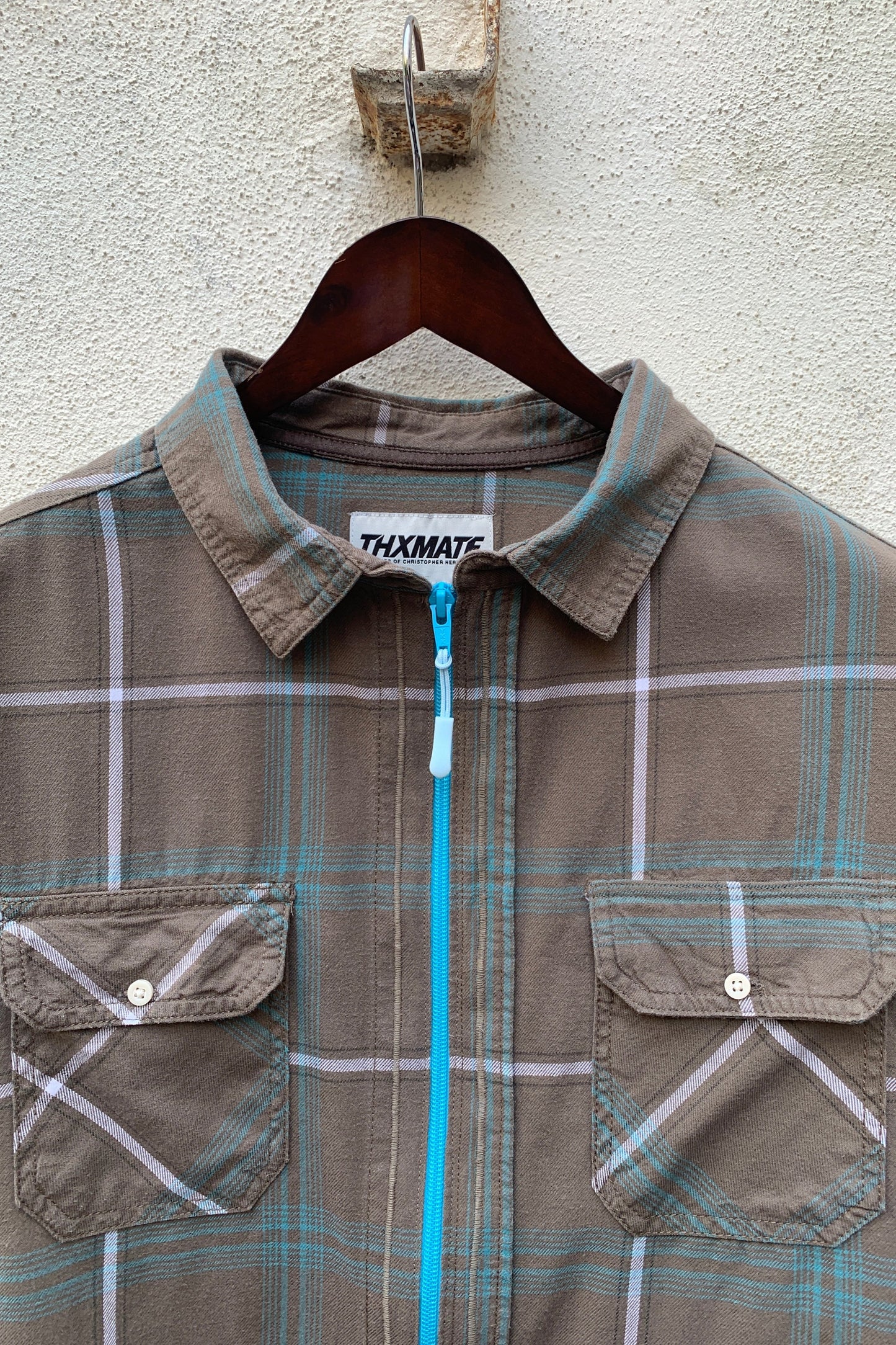 Upcycling Flanell Zip-Hemd Braun M