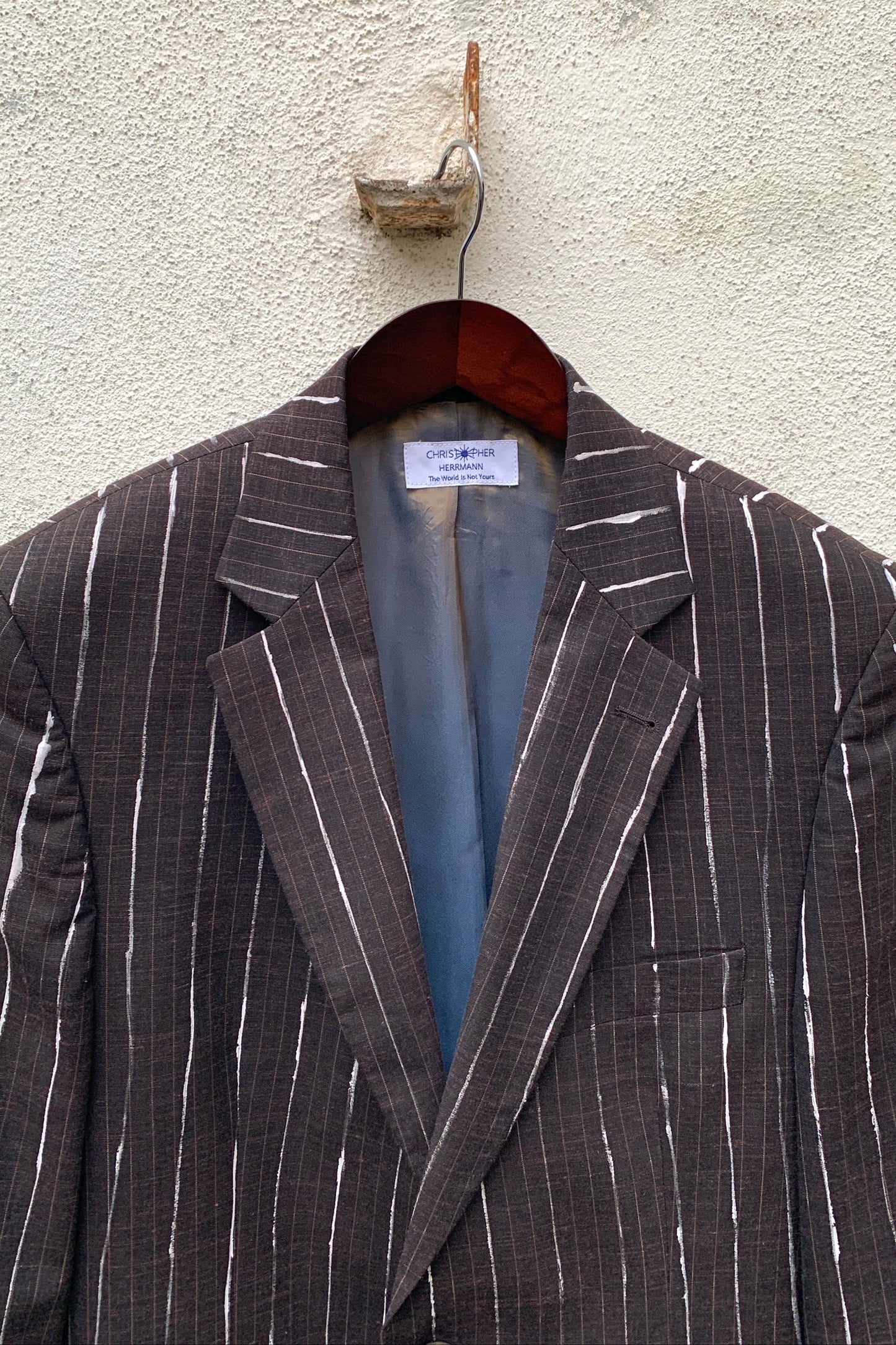 Upcycling Gemalte Kreidestreifen Blazer Braun 48