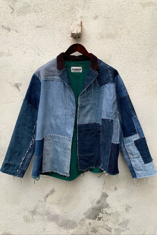 Upcycling Heavy Patchwork Jeansjacke Blau L