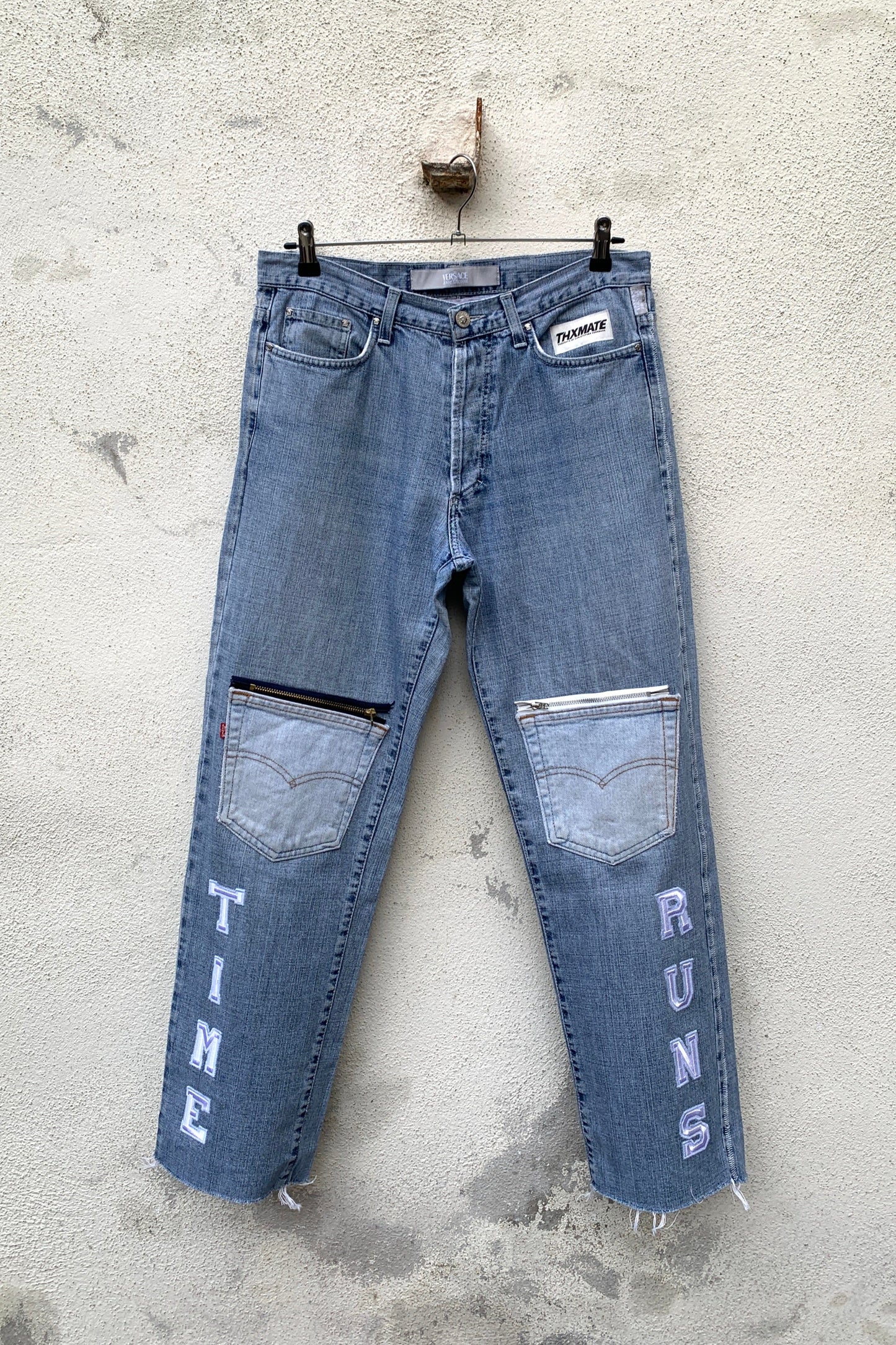 Upcycling Time Runs Biker Jeans Hellblau W32 L32