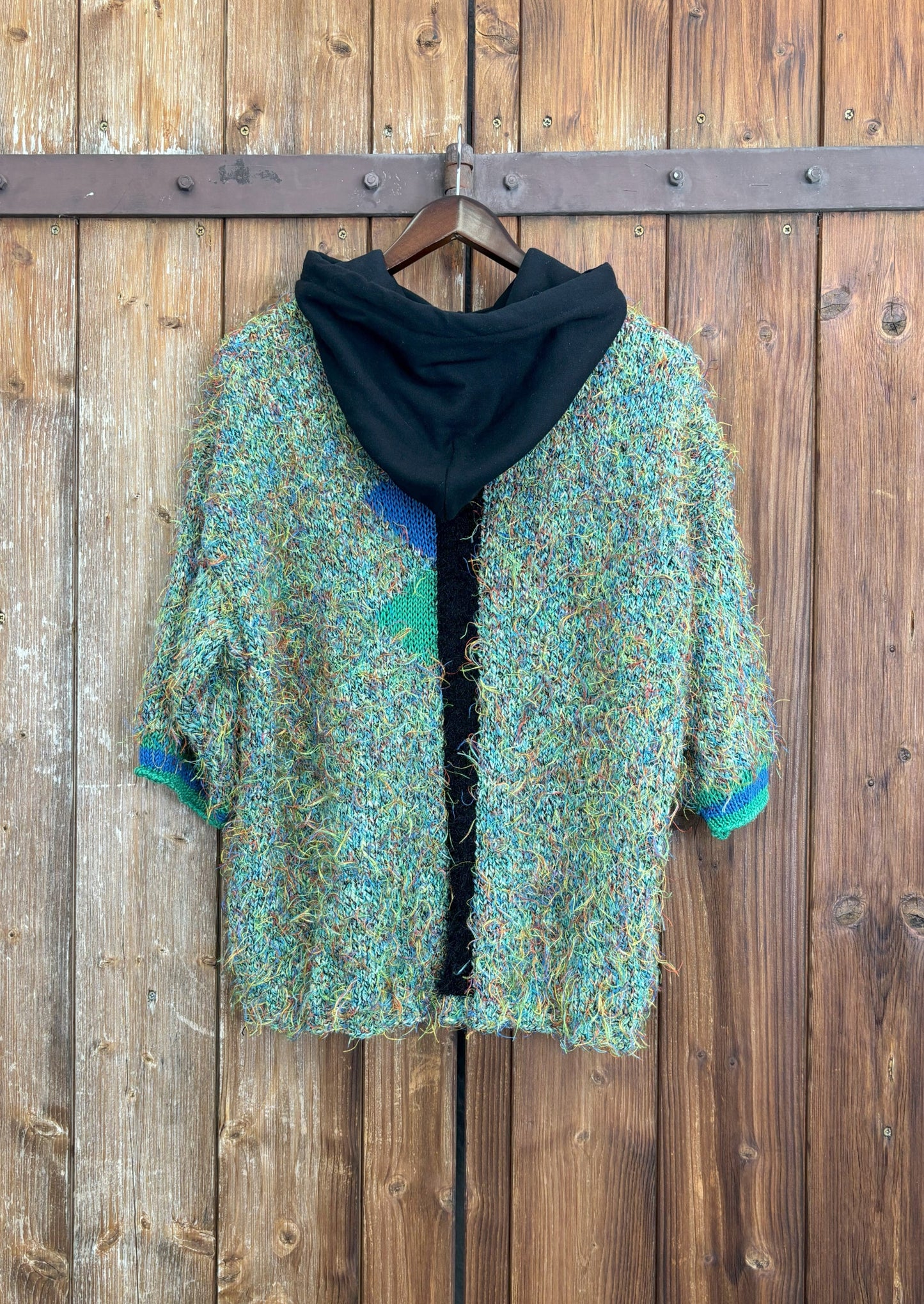 Upcycling Short Sleeve Vintage Knit Hoodie Green M