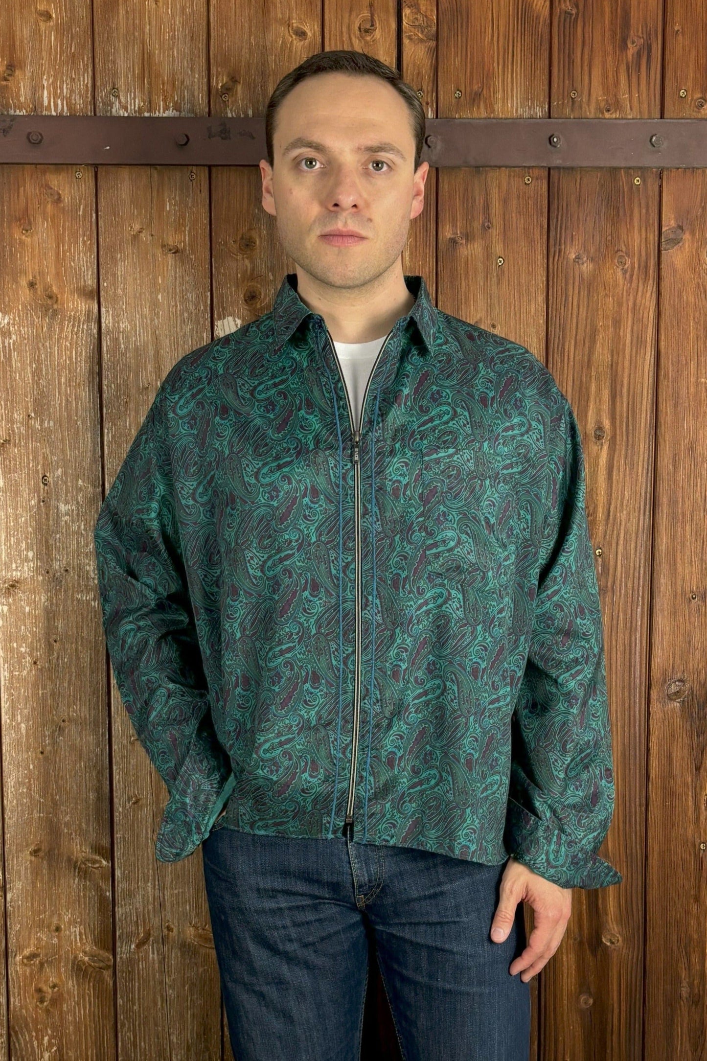 Upcycling Paisley Zip Shirt Green XL